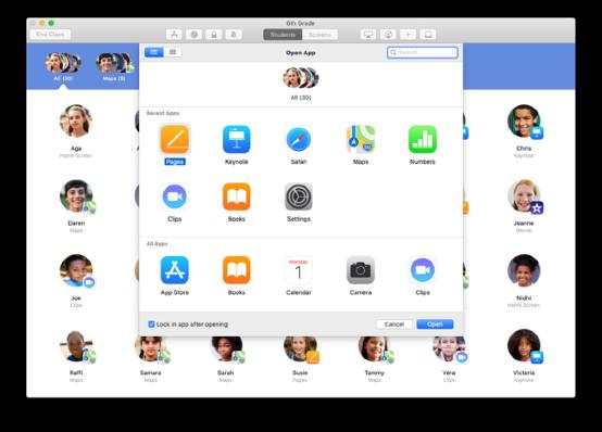 Avaa ja lukitse appeja. Avaa valitsemasi appi kaikkien oppilaiden laitteilla samaan aikaan. Voit myös lukita ipadin tiettyyn appiin, jotta oppilaat keskittyvät aiheeseen tai kokeeseen.