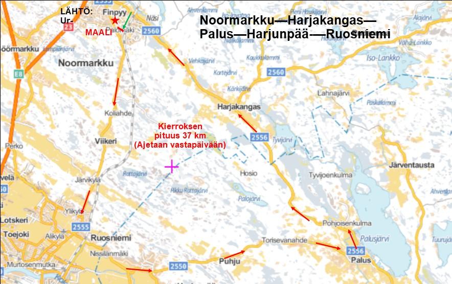 Pitkä kierros (n 37 km) Lähdöt valmistautuvat Urheilutalon piha-alueella, jostaa lähdöt tapahtuvat masterstartteina Finpyyntietä Mäntyläntien risteykseen, jonka jälkeen alkaa vapaa vauhti.