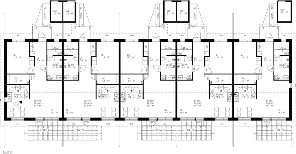 Asuntotyyppi 2H+K+S 61,5 m² Varusteluettelo Jääkaappi-pakastinyhdistelmä Liesi Astianpesukone Mikroaaltouuni Tilavaraus