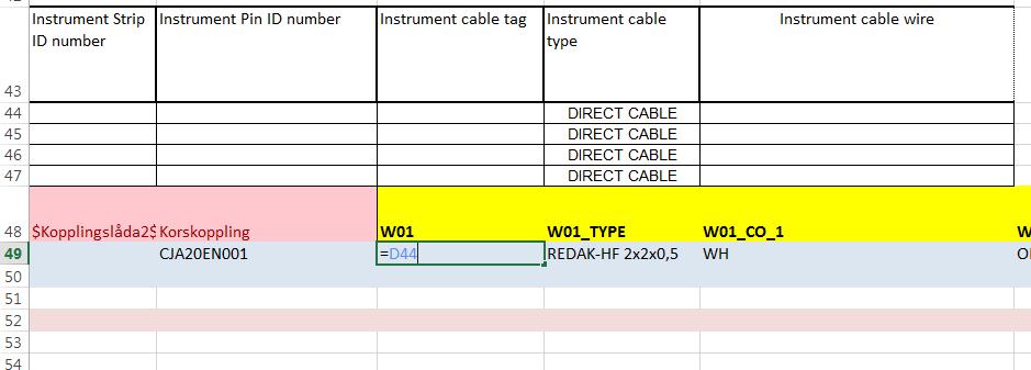 W01 on generointitaulukon otsikkokentän solu ja CADS Electric-ohjelmistossa tyyppikuvan attribuutti $W01$, kun kuvia generoidaan CADS-ohjelmistolla