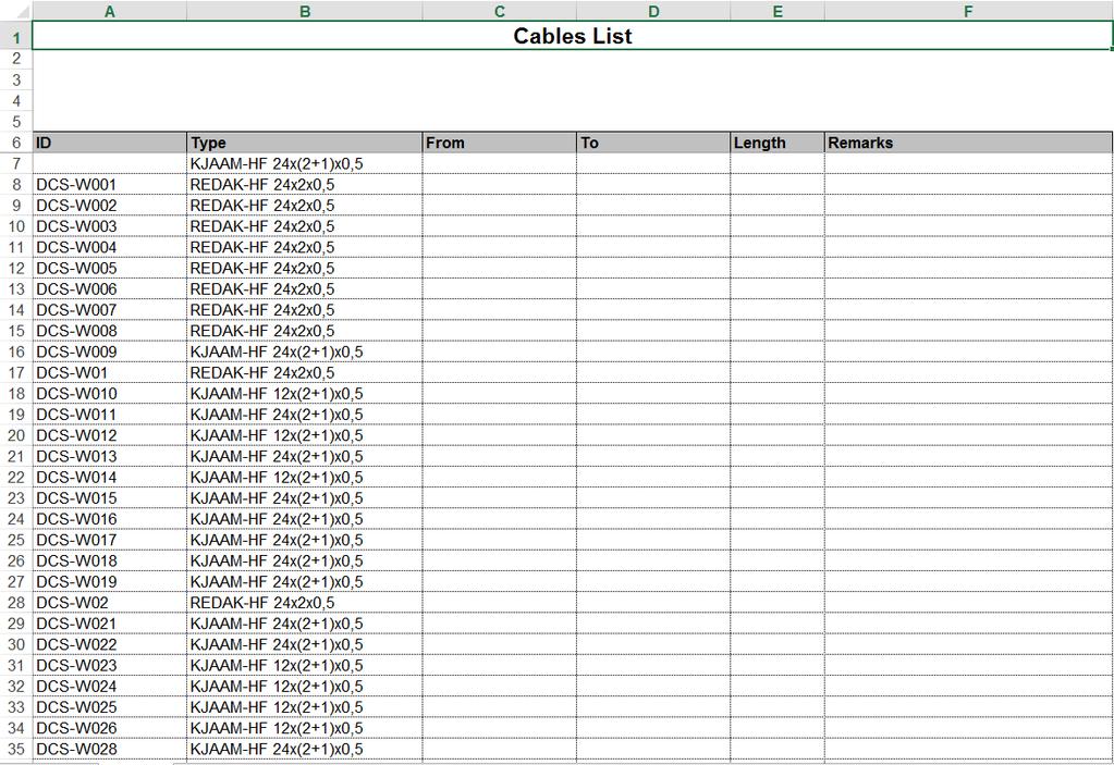 54 Kuvio 46. Kaapeliluettelon tulostus Excel-muodossa.