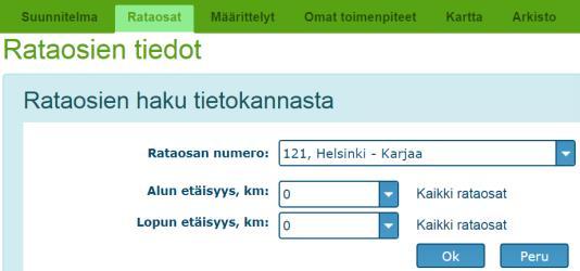 4. Välilehti Rataosat: tarkasteltavan rataosa valinta - Välilehdellä näytetään kerrallaan yhden rataosa tiedot: ne tasoristeykset, joille on määritetty toimenpiteitä sekä kaikki niiden välissä olevat