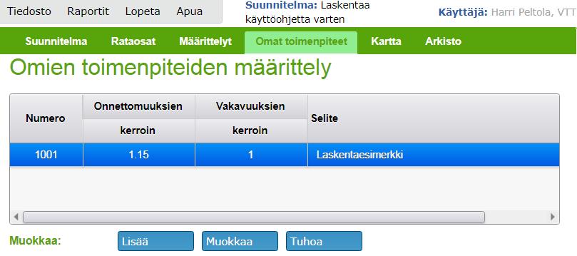 4.8 Välilehti Omat toimenpiteet - Määritettyjen omien toimenpiteiden alla näkyvät painikkeet (), joiden avulla voidaan lisätä oma toimenpide tai tuhota/muokata valittua omaa toimenpidettä -