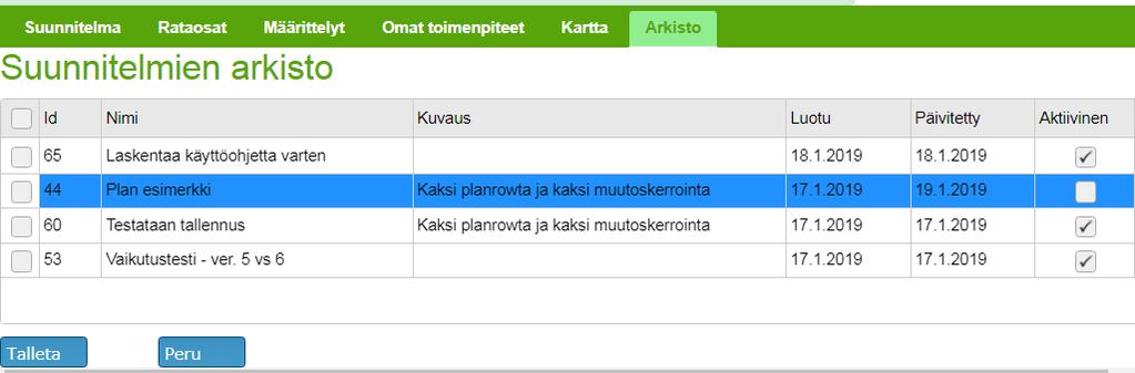 4.9 Välilehti Arkisto Arkisto on aktiivisella käyttäjätunnuksella tallennettujen suunnitelmien luettelo, josta voidaan:.