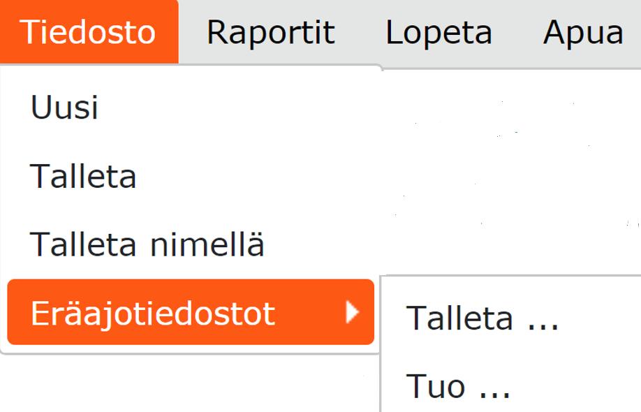 . Komentovalikko: Tiedosto - Valinnalla Uusi () tyhjennetään käsiteltävänä olevan suunnitelman tiedot (jos aiempaa suunnitelmaa ei ole tallennettu, Tarva huomauttaa siitä) - Valinnalla Talleta ()