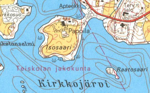 Vasemmalla ote vuoden 1955 peruskartasta (Teisko