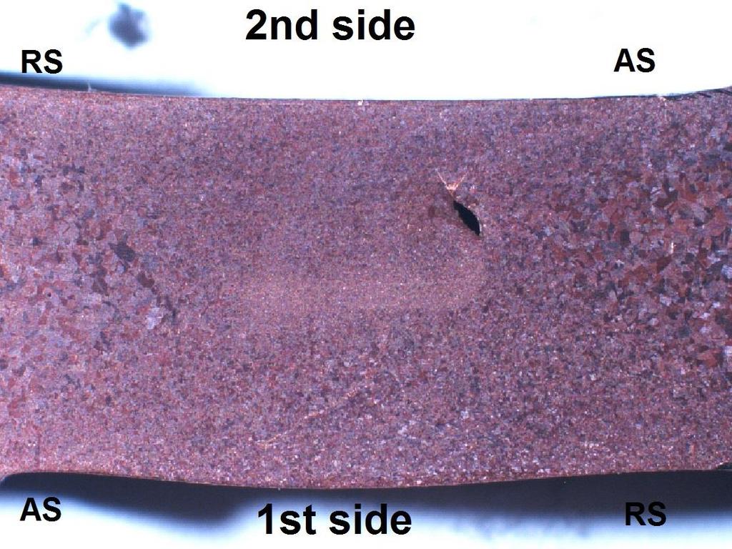 36 Figure 6.10. 2-sided FSW weld with a wormhole defect on the advancing side. Welding direction is towards the page. 6.2.4 Electron Beam Welds with Defects An EB weld with various weld defects made by Posiva Oy was used for studying the effect of weld defects on mechanical properties.