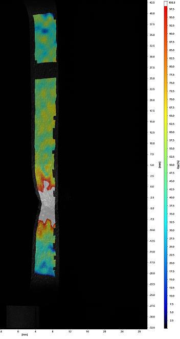 The specimen has the highest tensile properties of all specimens with the narrow geometry so it serves as the reference case. Fracture occurred at the HAZ. Figure 7.25.