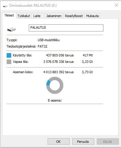 Kun loin käynnistystikun Macrium Reflect -ohjelmalla, se vaati tilaa 417 Mtavua. Eli käynnistystikun luomiseen kannattaa varata vähintään 1 Gt kokoinen USB muistitikku.