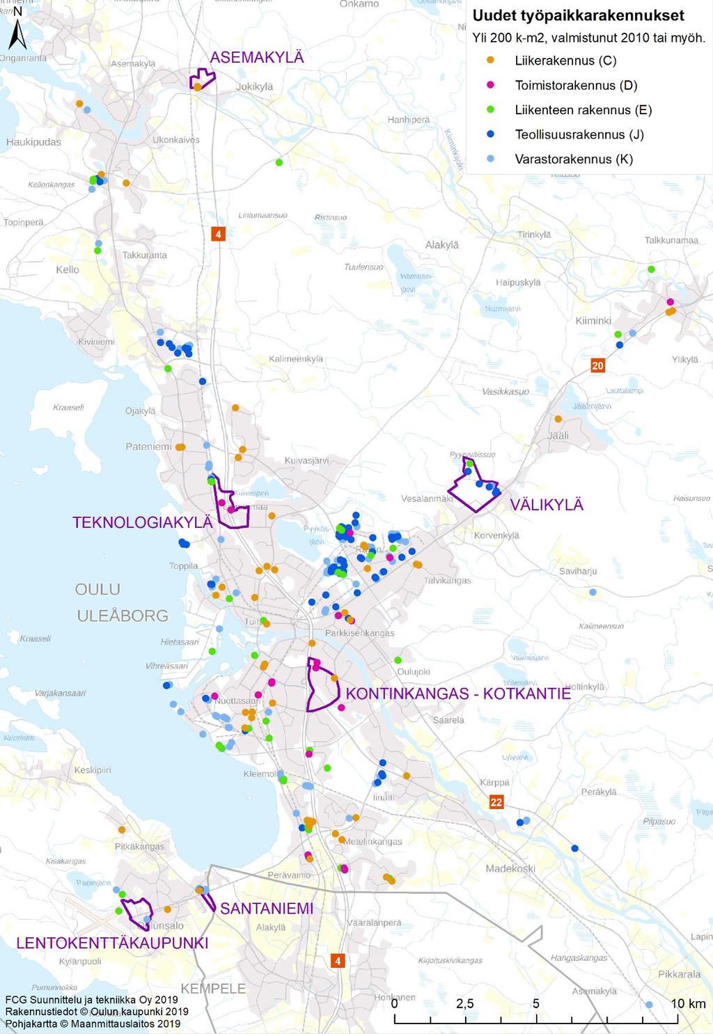 FCG SUUNNITTELU JA TEKNIIKKA OY Loppuraportti 12 (44) Kuvassa 12 on esitetty vuonna 2010 ja sen jälkeen valmistuneiden pinta-alaltaan yli 200 k-m 2 :n toimitilarakennusten sijainti.