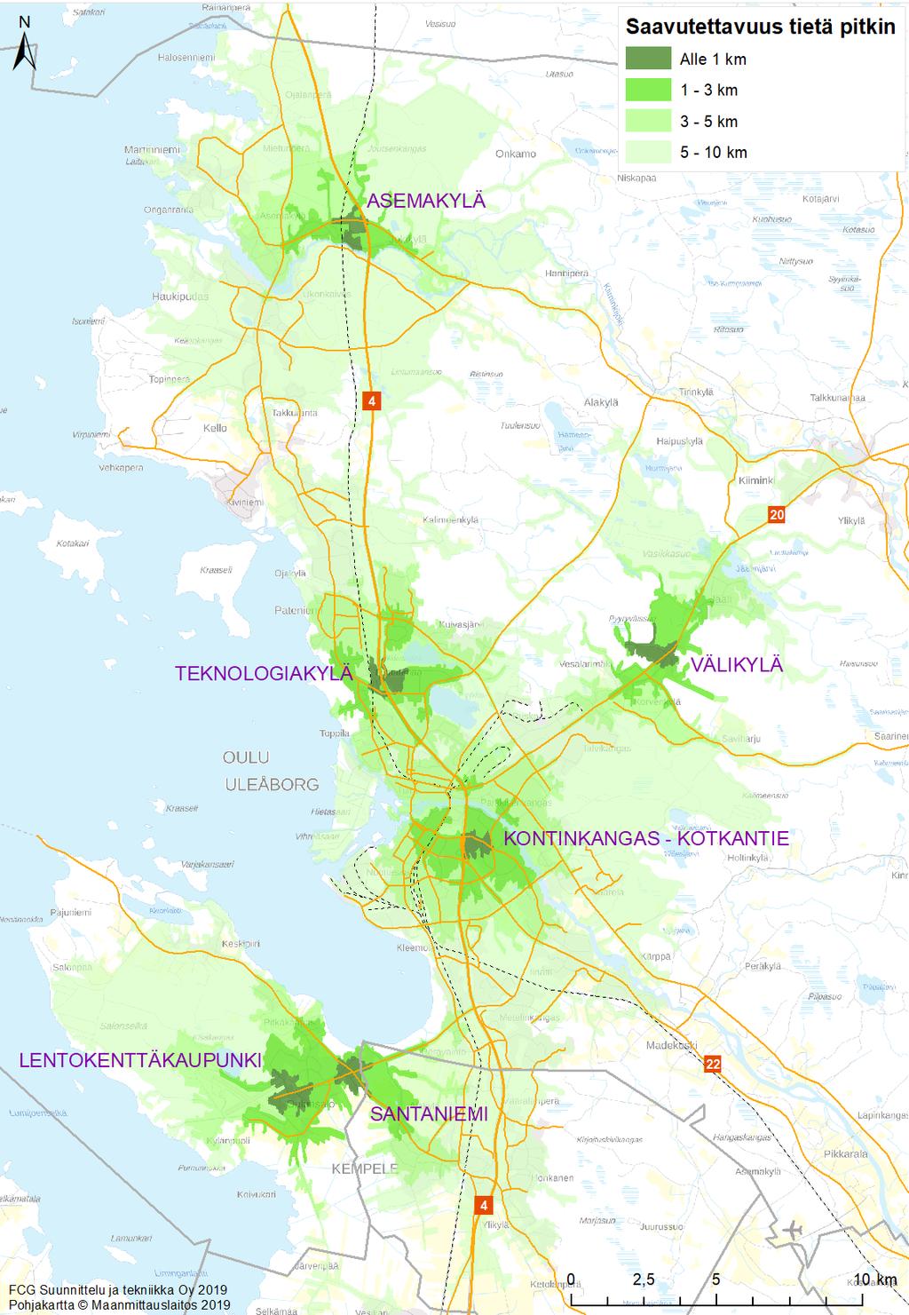 FCG SUUNNITTELU JA TEKNIIKKA OY Loppuraportti 23 (44) Tarkasteltavien työpaikka-alueiden saavutettavuus Vetovoimaisimmat työpaikka-alueet ovat hyvin saavutettavissa kaikilla kulkumuodoilla.