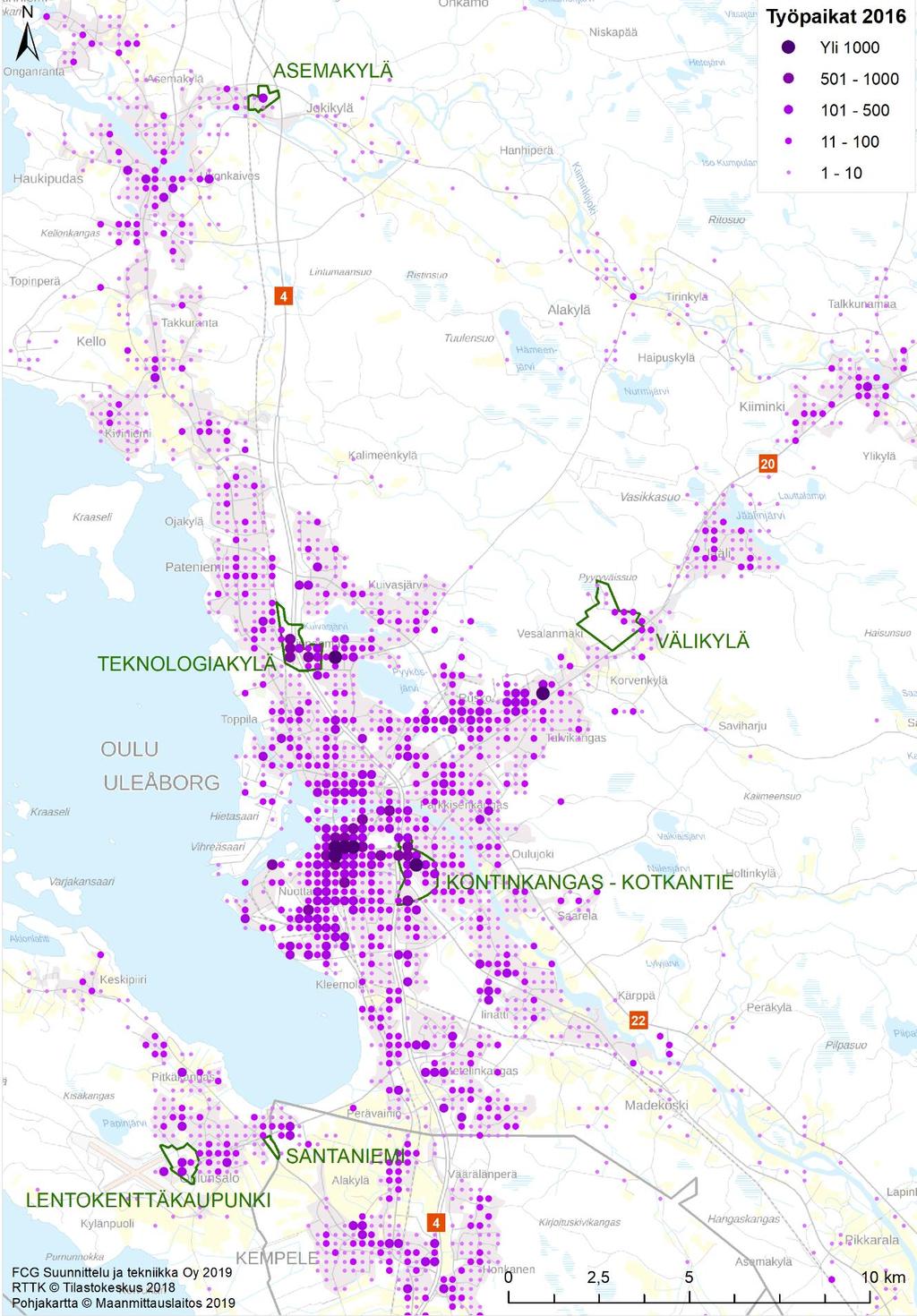 FCG SUUNNITTELU JA TEKNIIKKA OY Loppuraportti 7 (44) Kuva 5: Oulun työpaikkojen sijoittuminen vuoden 2016 lopussa (YKR-aineisto) Eri toimialaryhmien (teollisuus, rakentaminen,