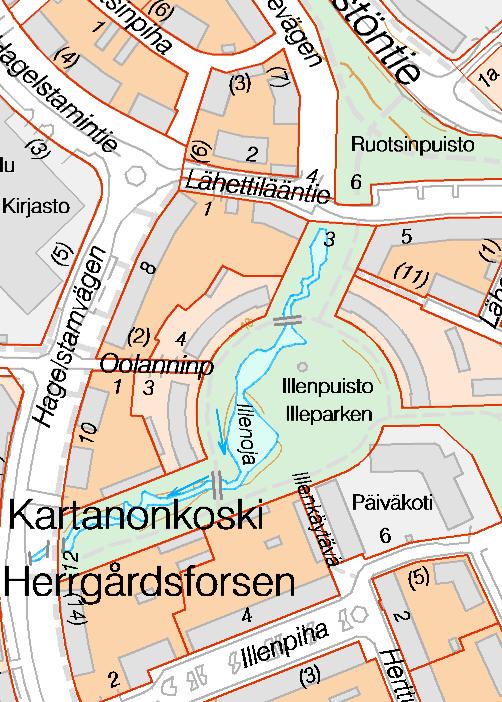 Illenpuisto, Kartanonkoski Illenojassa on Kartanonkosken asuinalueen keskellä lampi, jossa on heikko virtaus ja samea