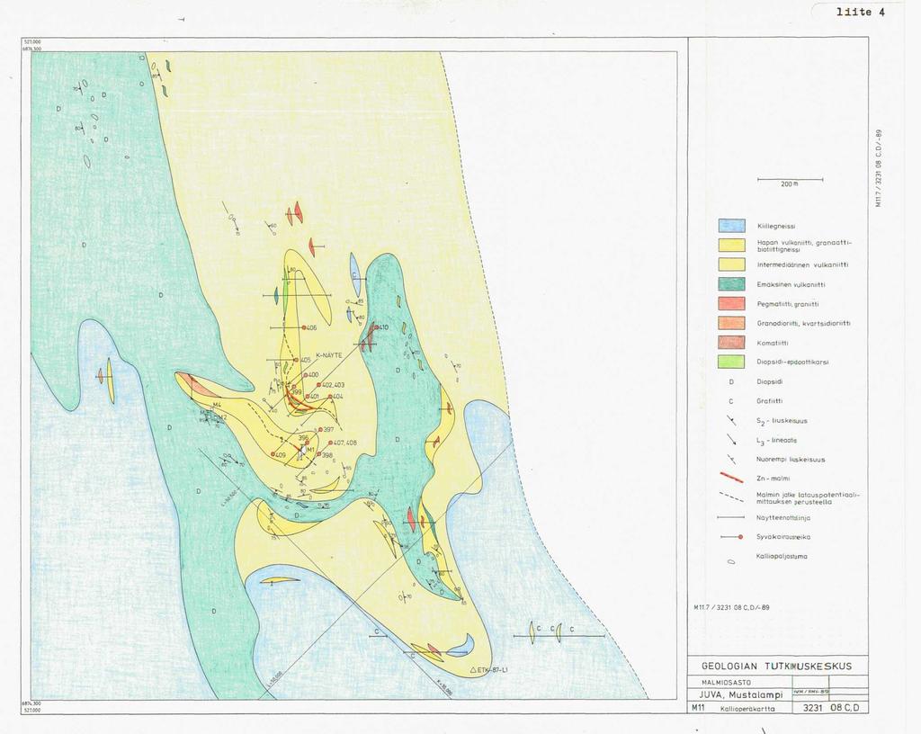 liite 4 ai 0 U 200m Ö t1 m '- n Kiillegneissi Hapan vulkaniitti, granaatti - biotiittigneiss i Intermediäärinen vulkaniitt i Emäksinen vulkaniitt i Pegmatiittl, graniitt i Granodioriitti,