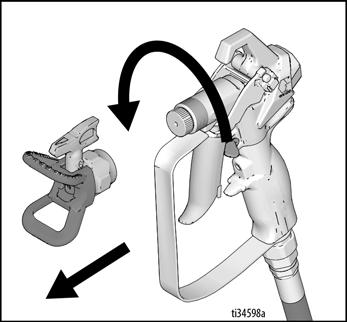 Sammuta moottori kääntämällä paineensäätimen nuppi OFF-asentoon (kokonaan päinvastaiseen asentoon). Ruiskutuspistoolin ja letkun täyttö. Irrota suuttimen suojus. a. Vapauta liipaisinlukko (A). b.