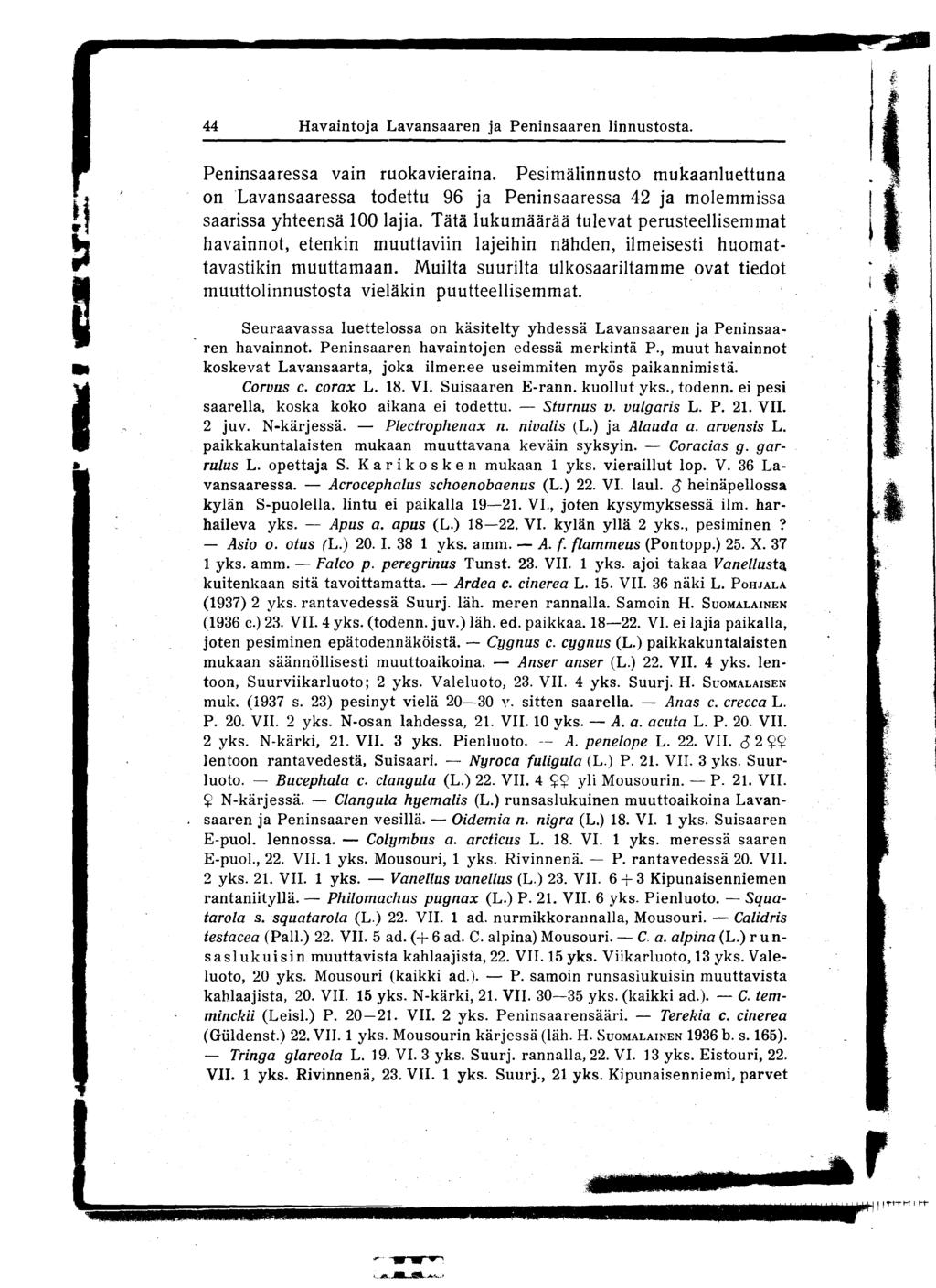 44 Havaintoja Lavans aaren ja Peninsaaren linnustosta. Peninsaaressa vain ruokavieraina.