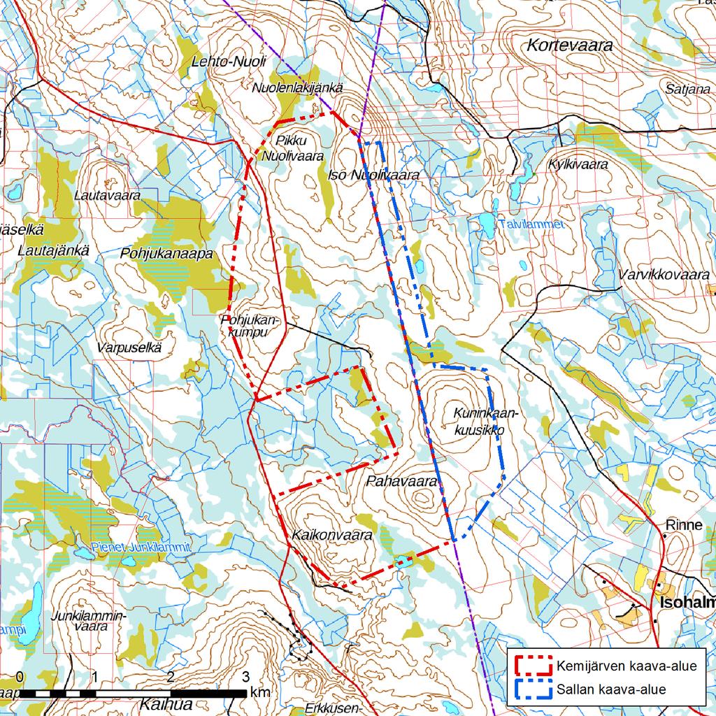 Osallistumis- ja arviointisuunnitelma 4/14 Kuva 1. Kaava-alueiden rajaus. Kemijärven kaava-alue on merkitty kuvaan punaisella rajauksella. Tuulipuiston alue ulottuu myös Sallan kunnan puolelle.