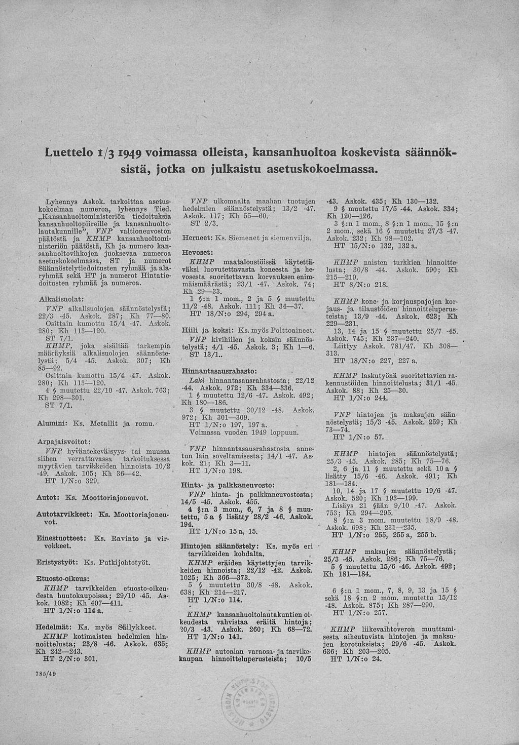 Luettelo 1/3 1949 voimassa olleista, kansanhuoltoa koskevista säännöksistä, jotka on julkaistu asetuskokoelmassa. Lyhennys Askok. tarkoittaa asetuskokoelman numeroa, lyhennys Tied.