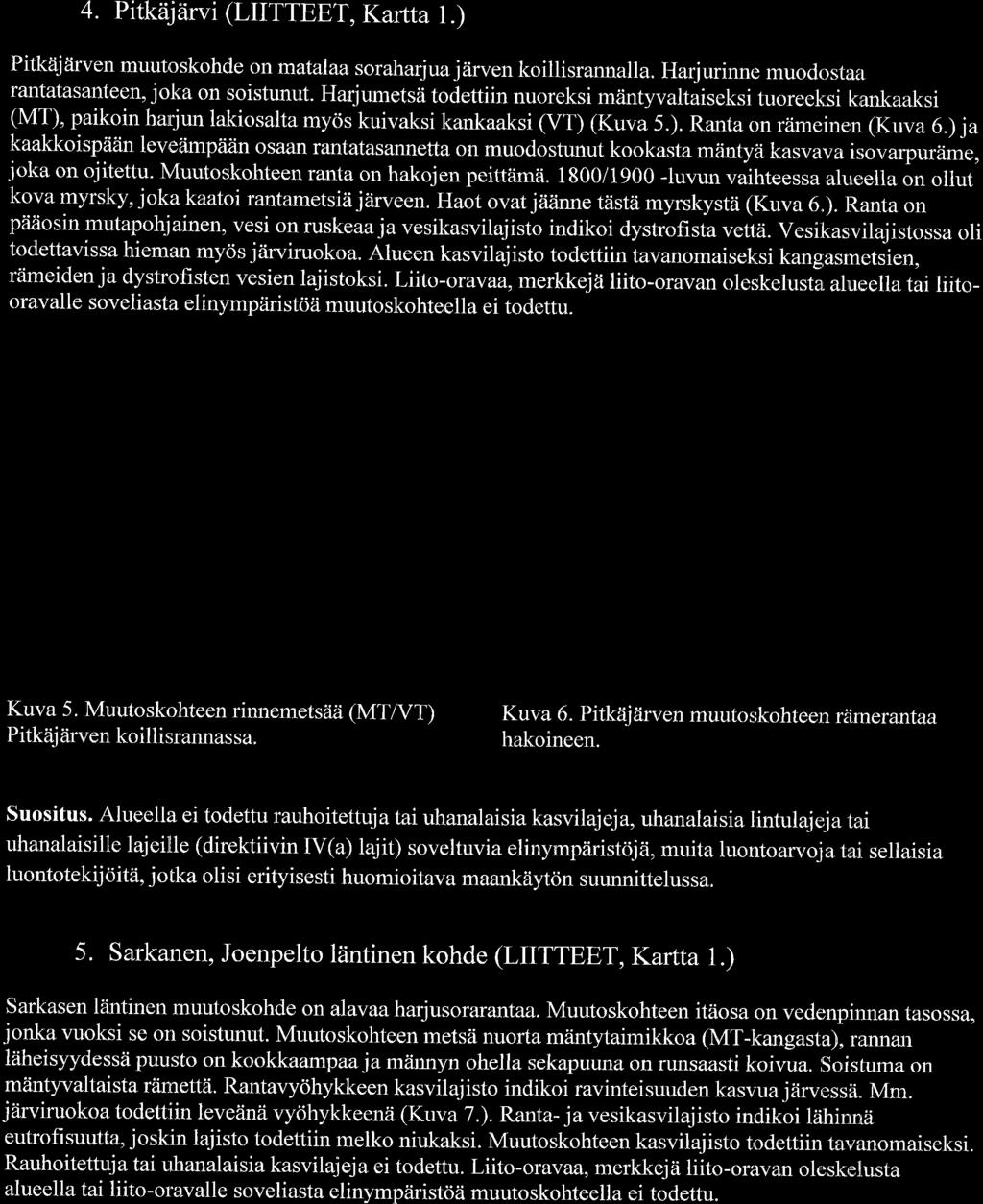 4. Pitkiijtirvi (LIITTEET, Karrta l.) Pitkiijiirven muutoskohde on matalaa soraharjua jiirven koillisrannalla. Harjurinne muod.st*rr rantatasanteen, joka on soistunut.