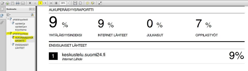 Ylemmästä yhtäläisyystestistä saadaan aukaistua opiskelijan kirjoittama työ sisältäen järjestelmän tunnistamat plagioidut kohdat. 6.
