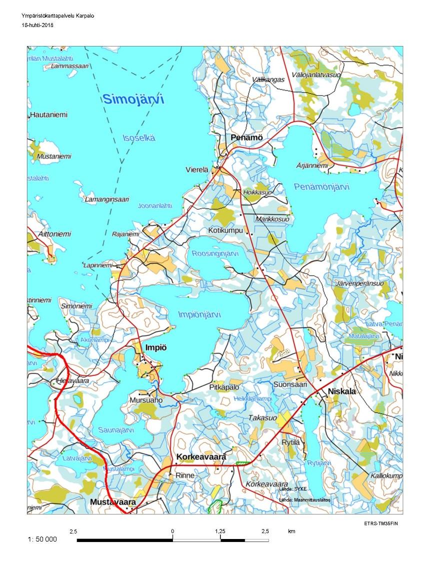 Simojärveen idästä Penämöjärven (64.058) tai Impiönjärven (64.059) vesistöalueelta laskevat järvet. Penämöjärven vesistöalueen pinta-ala 68 km 2 ja soiden osuus vesistöalueen pinta-alasta 40 %.