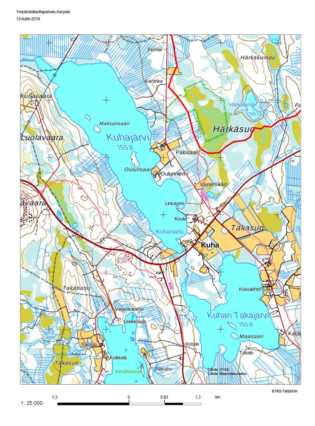 Kuhan Takajärvi ja Kuhajärvi sijaitsevat Ranuanjärveen laskevalla Luhtaojan vesistöalueella (61.468). Vesistöalueen pinta-ala on 65,6 km 2 ja järvisyys 7,4 %.