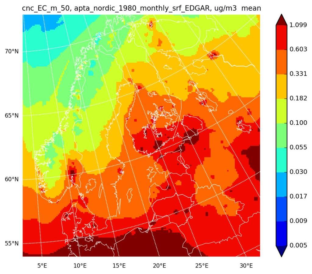 Mustan hiilen pitoisuudet Pohjois-Euroopassa 1980 Pitoisuudet ovat