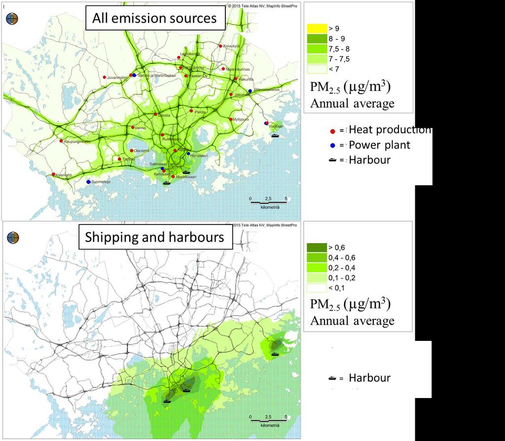 Upper panel: The predicted three-yearly average concentrations of PM 2.5 (2012 2014) originated from the regional background and all source categories, except for small-scale wood combustion.