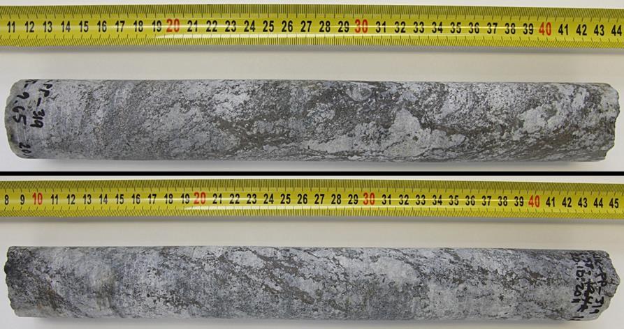 7 Figure 3. Medium grained veined gneiss samples ONK-PP319 9.35 9.65 m (upper panel) and ONK-PP319 12.58 12.92 m (lower panel). The photographs are taken after the chloride out leaching experiment.