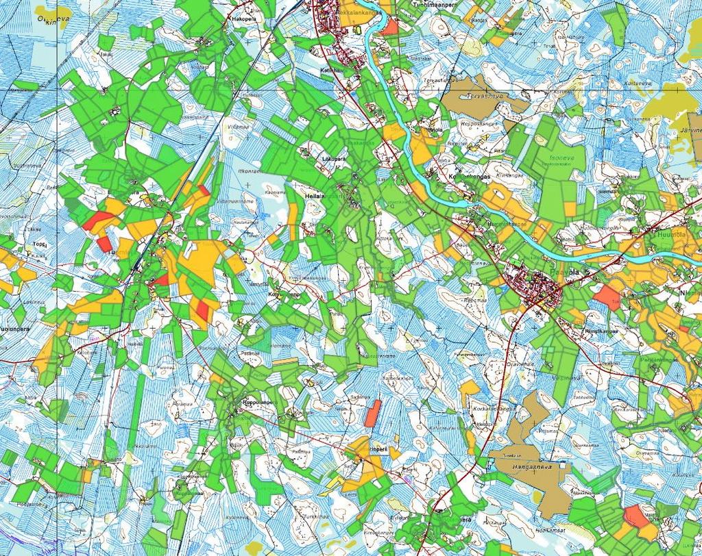 Vipu: Hukkakauralohkot Esimerkkikuvassa Tuomiojan tilusjärjestelyalue (n. 1300 ha).