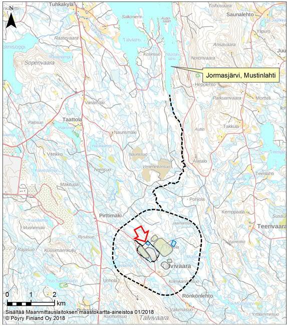Uutelan kaivoksen sijainti (punainen nuoli)
