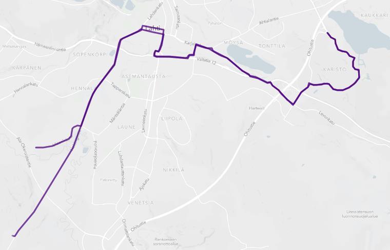 Runkolinja 8 Ala-Okeroinen / Metsä-Hennala Karisto Kariston suunnasta toivottiin nopeampia yhteyksiä Matkakeskukseen, joten sopivaksi reitiksi muodostui reitti Karjalankatua pitkin ja Upon sillan