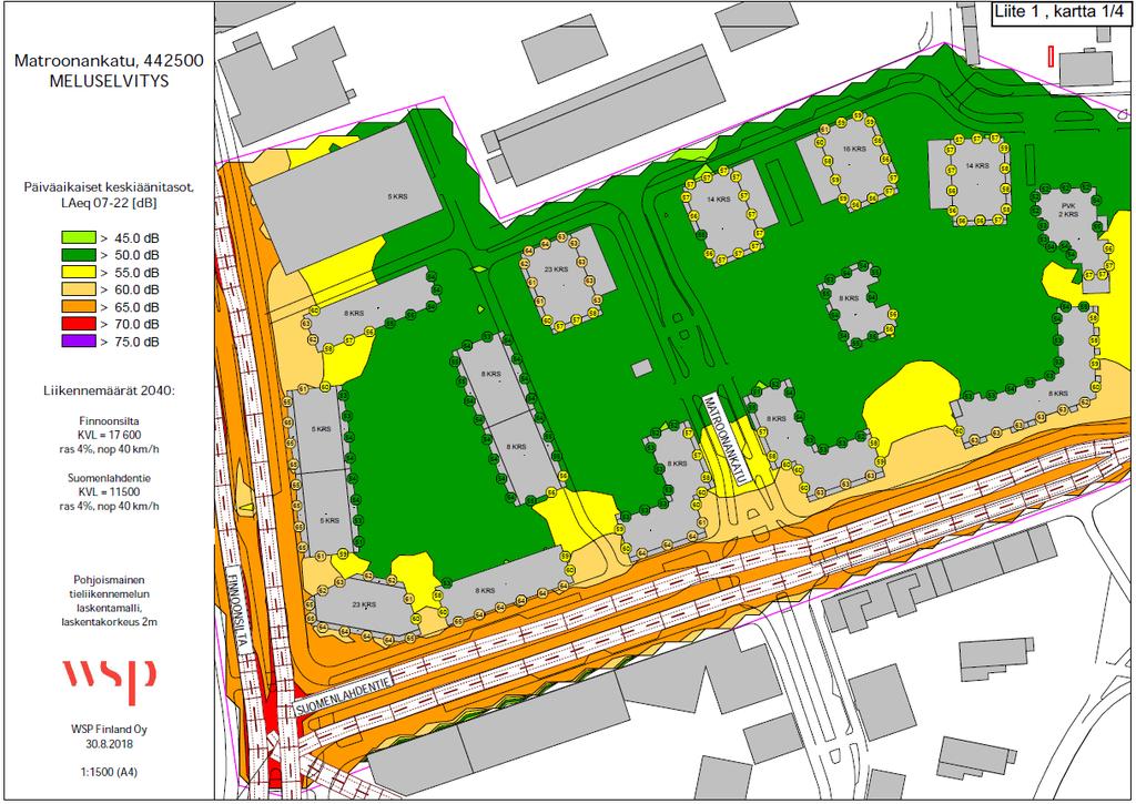 26 Päiväaikaiset keskiäänitasot kaava-alueella ennustetilanteessa 2040. (WSP Finland Oy 2018).