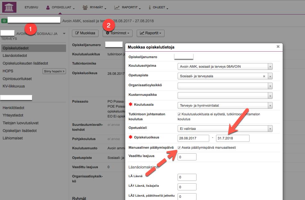 Päivitä opiskelun päättymispäivä läsnäolotietoihin 3.Päivitä lopetuspäivämäärä myös läsnäolotietoihin Opinnot päättyneet-painikkeen takaa. 4.