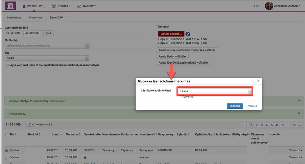 Jos halutaan että opiskelija pääsee aktivoimaan LAMKin käyttäjätunnuksen ennen varsinaista ensimmäistä opiskelupäivää, silloin läsnäolon alkamisajaksi laitetaan lukukauden ensimmäinen päivä (1.8.