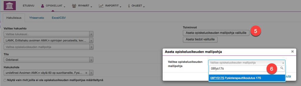 Korkeakoulupalveluiden työpöytä > Opiskelijat > OILI-tuonti > Hakulistaus-välilehti Hae paikan vastaanottaneet, joille luodaan opiskeluoikeus 1.Hakuehdoksi Opintopolku.