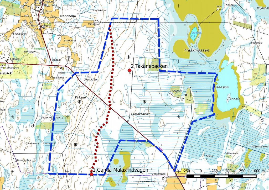 9 6. Yleiskartta Kohteet: 1. Gamla Malax ridvägen 2. Takanebacken. Kohdekoordinaatit punaisina ympyröinä, ratsupolun linjaus katkoviivana. 7. Kohdehakemisto tyyppi/ tyypin tarkenne Kohde sivu 1.