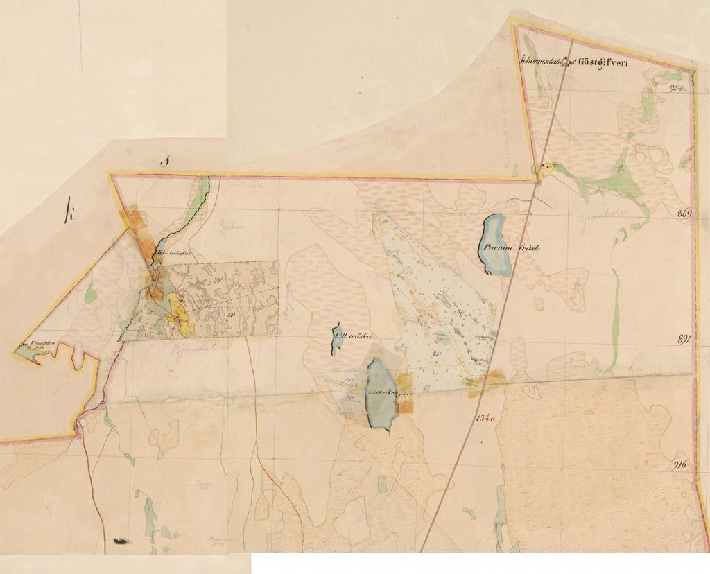7 Hankealuetta ja sen lähiseutua kuvattuna vuoden 1846 ja vuonna 1891 täydennetyllä pitäjänkartalla.