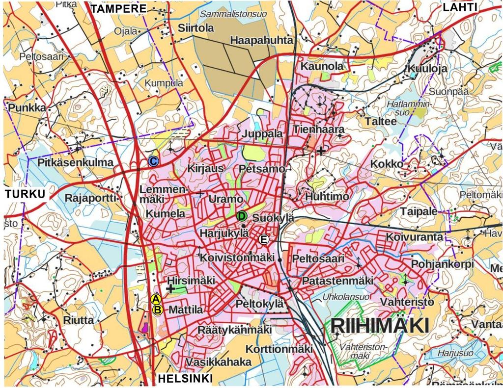 Riihimäen kartta A: Turvallisuustarkastus ja lauantain paperitarkastus, HF-Autohuolto, Tehtaankatu 17 B: Traileri parkki, OKLine Oy, Tehtaankatu 13
