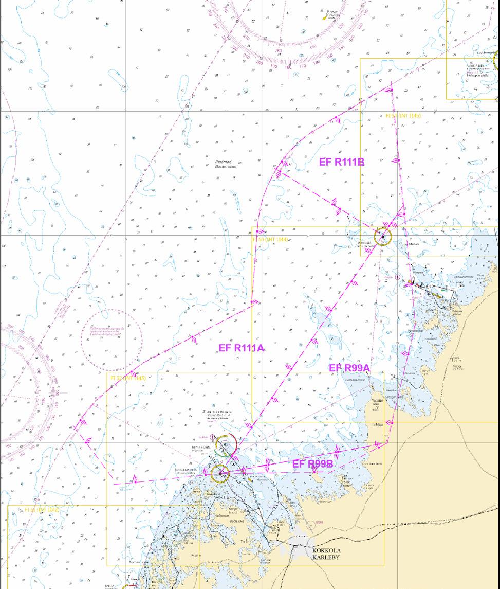 EF R111B Ampuma-alue seuraavien pisteiden välille: Skjutområde mellan följande punkter Firing area between the following positions (1) 64 20.017'N 23 26.767'E (2) 64 26.350'N 23 03.183'E (3) 64 27.