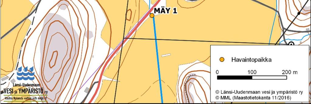 Siuntion kunnan lisänäytepisteellä Mäy 1 Mäyräojan latvoilla saadaan tarkempi tieto Mäyräojan aiheuttamasta kuormituksesta alueella. Kuva 2. Mäyräoja ja siinä oleva havaintopaikka Mäy 1.