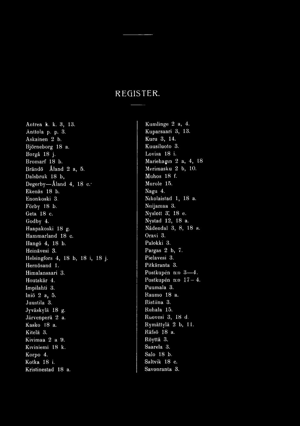 Postkupén n:o 3 4. Houtskär 4. Postkupén n:o 1 7-4. Impilahti 3. Puumala 3. Iniö 2 a, 5. Raumo 18 a. Juustila 3. Ristiina 3. Jyväskylä 18 g. Ruhala 15. Järvenperä 2 a.