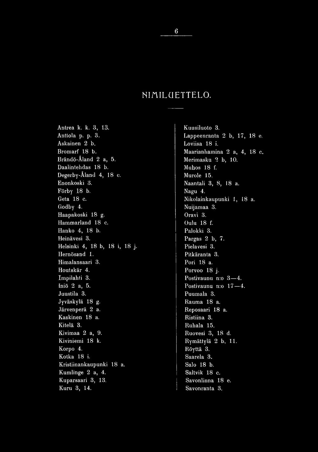 Naantali 3, 8, 18 a. Nagu 4. Nikolainkaupunki 1, 18 a. Nuijamaa 3. Oravi 3. Oulu 18 f. Palokki 3. Pargas 2 b, 7. Pielavesi 3. Pitkäranta 3. Pori 18 a. Porvoo 18 j.