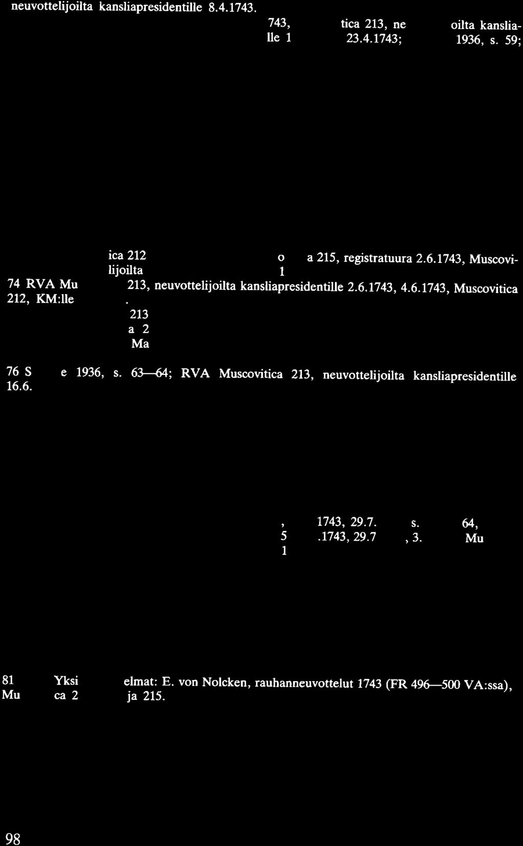 neuvottelijoilta kansliapresidentille 8.4.1743. 69 RVA Muscovitica 215, registratuura 13.4.1743, Muscovitica 213, neuvottelijoilta kansliapresidentille 13.4.1743, Muscovitica 212 KM:lle 13.4.1743 23.
