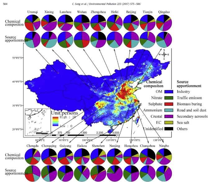 Song et al.: Health burden attributable to ambient PM 2.5 in China, Environ. Poll. 223, 575 586, 2017. Fig. 7. Spatial distribution (0.1 x 0.1) of total mortalities attributable to PM 2.