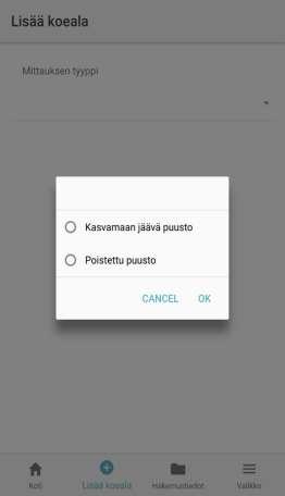 Omavalvontasovellus Lisää koeala Lisää koeala näkymässä valitaan ensin