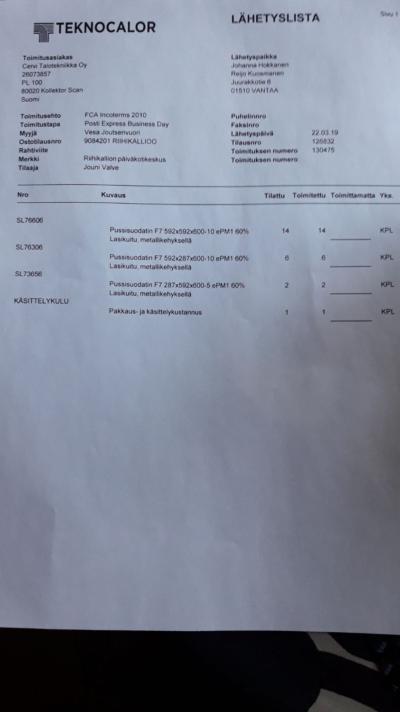 Sivu 29 TYÖSELOSTUS Jouni Valve / 24.3.2019 14:33 Suodattimien lähetyslista.