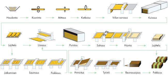 7 Kuvio 1. Vanerin tuotantoprosessi (Plywood production process, N.d.) 1.1.2 Vaneritehtaan kunnossapito Jyväskylän vaneritehtaalla on kunnossapidon osalta käytössä keskitetty kunnossapito, eli kunnossapito toimii omana erillisenä keskitettynä organisaationaan.