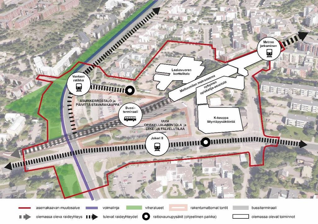 2 (6) Kaupunkikuvallisena ja toiminnallisena tavoitteena on Mellunmäen metroaseman ympäröivän alueen kehittäminen tiiviiksi alueelliseksi lähikeskukseksi ja merkittäväksi julkisen liikenteen