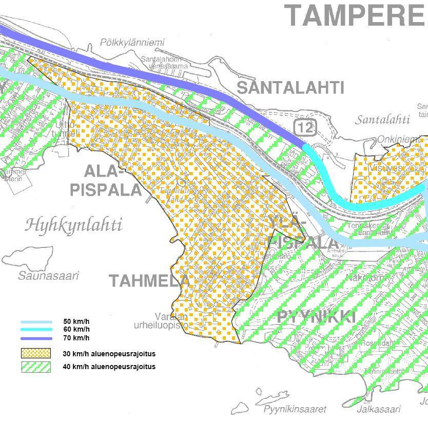 TAMPEREEN KAUPUNKI 15(42) 2.5 Ajonopeudet Pispalassa on aluenopeusrajoituksena 30 km/h. Poikkeuksen muodostaa Pispalan valtatie, jolla nopeusrajoitus on 50 km/h.